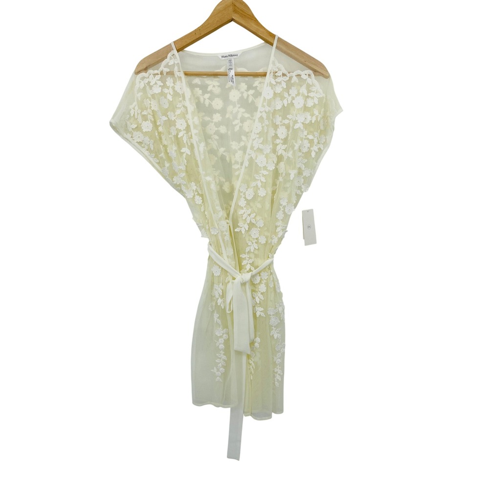 Flora Nikrooz Robe Womens Small Ivory Floral‎ Lace Mesh Sheer Belted Kimono